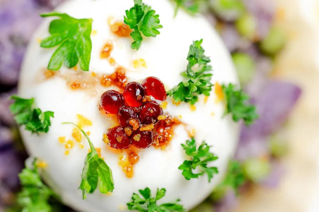 Burrata et groseilles en gros plan